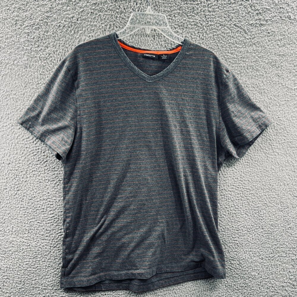 Claiborne‎ Mens Shirt Extra Large Gray Striped 100% Cotton Pullover Short Sleeve